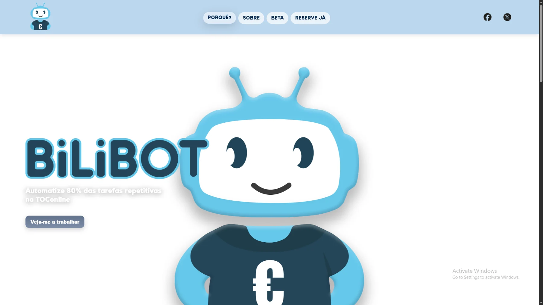 Website Bilibot, com símbolo do robô e identidade azul
