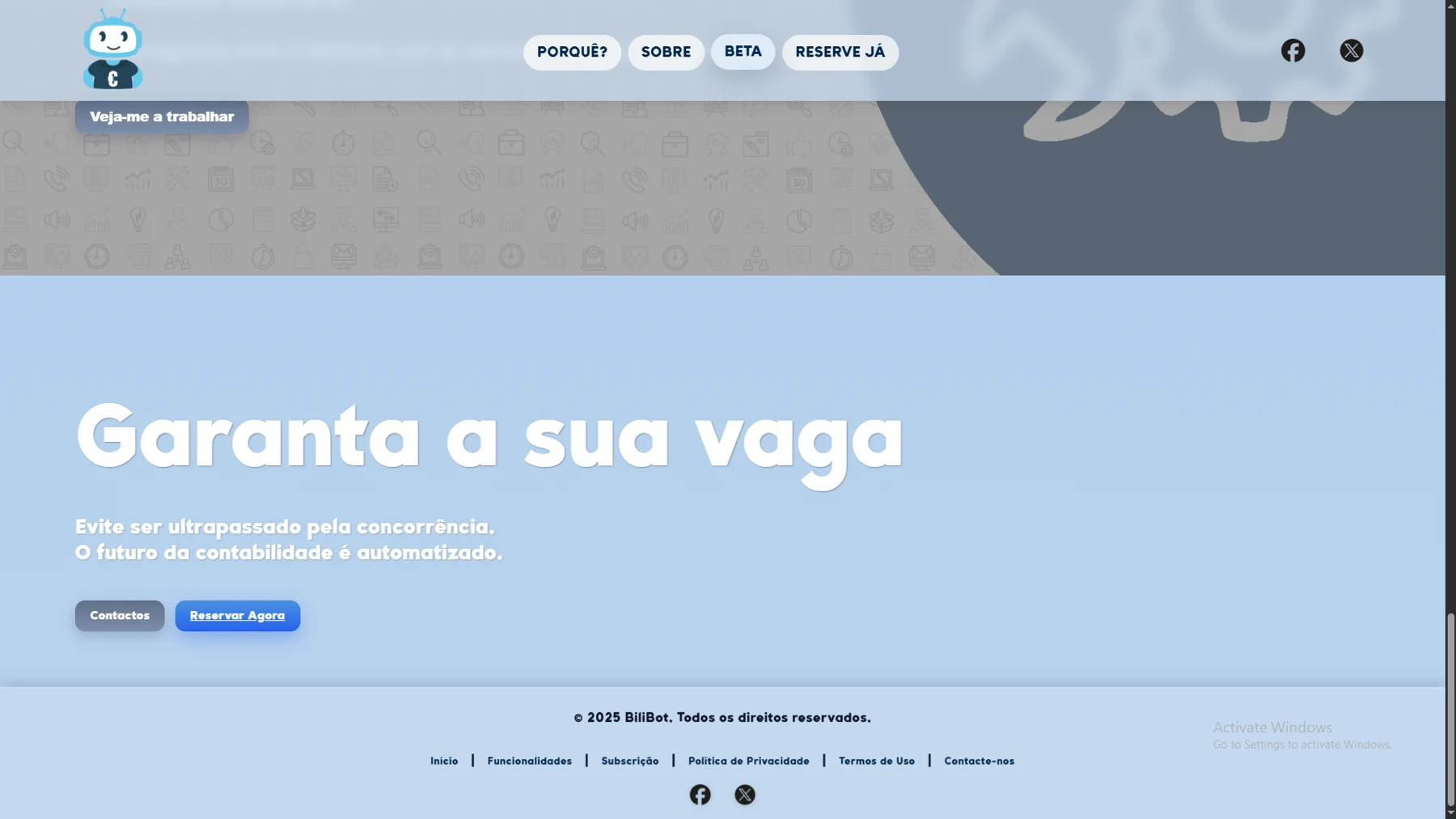 Chamada para reserva no Bilibot