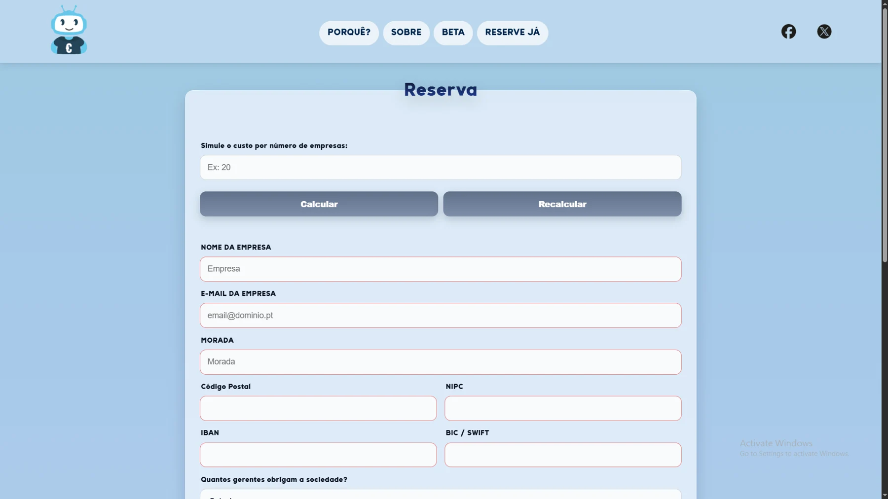 Formulário de reserva e simulação Bilibot
