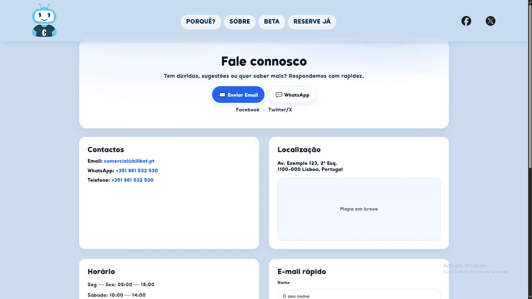 Página de contacto do Bilibot