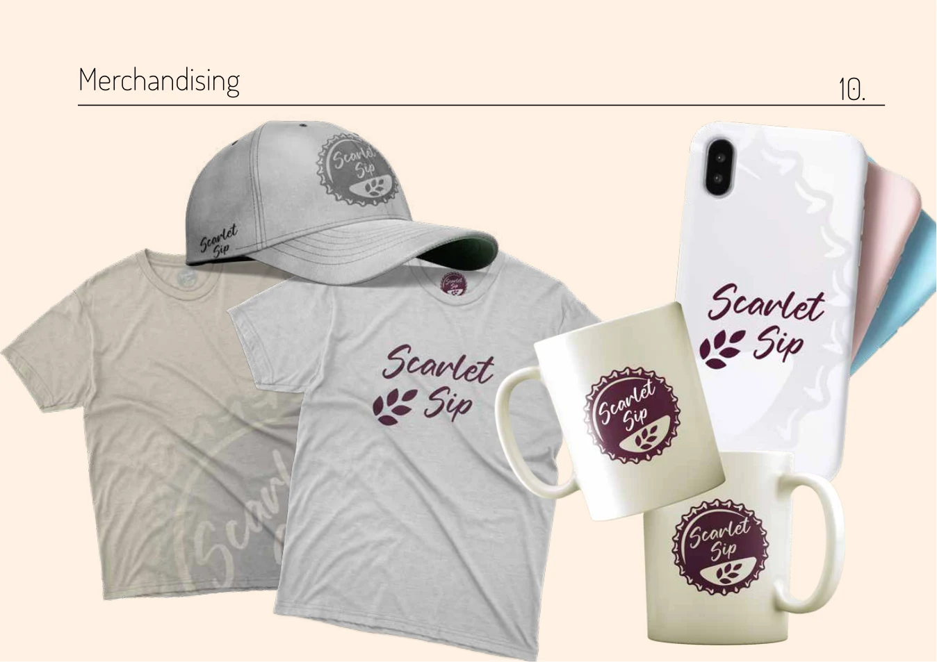 Aplicações de identidade ScarletSip em merchandising