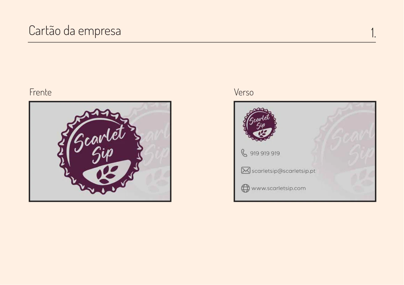 Cartão da empresa ScarletSip, frente e verso