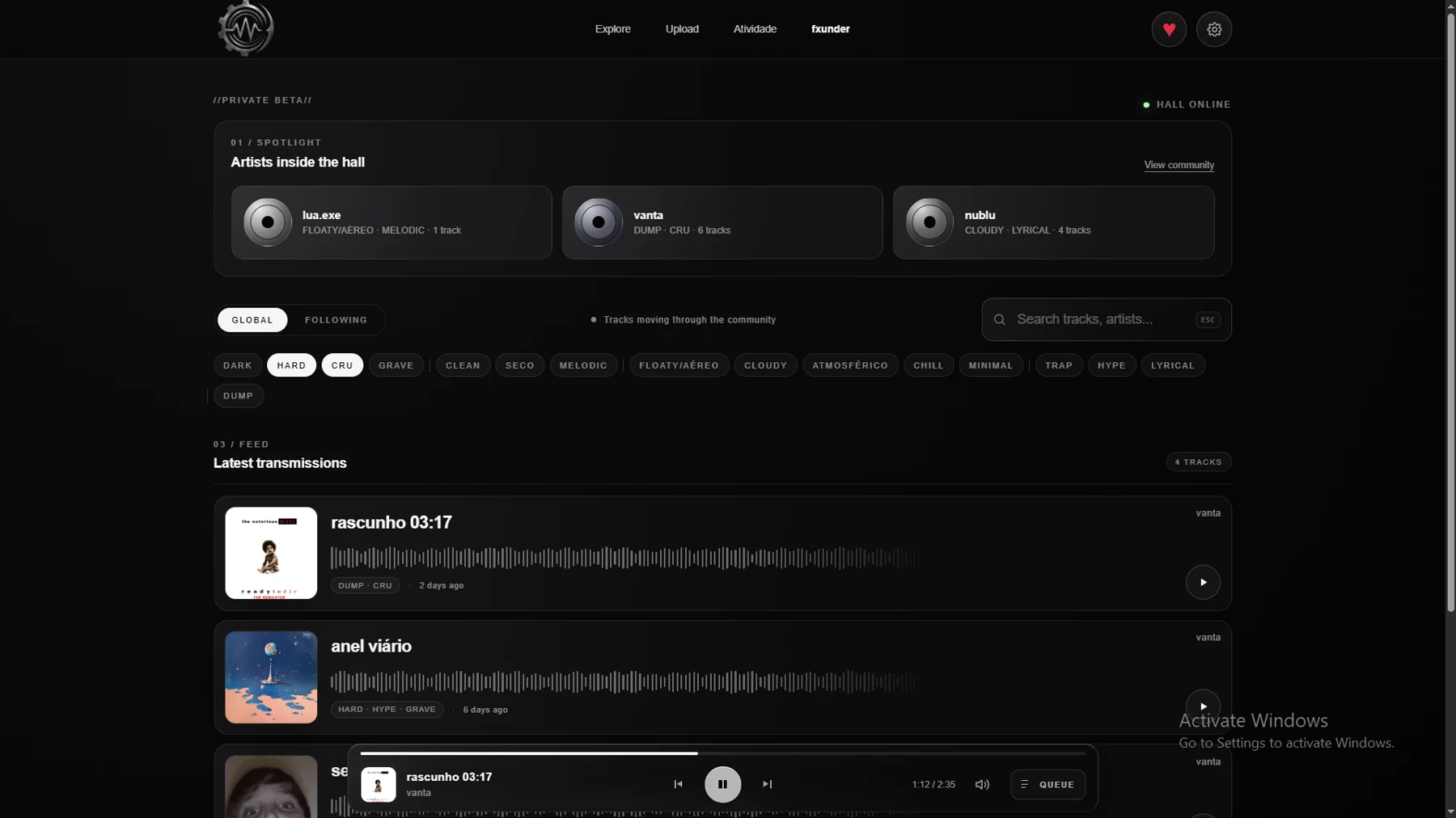 Voidhall: feed de música, artistas e player global