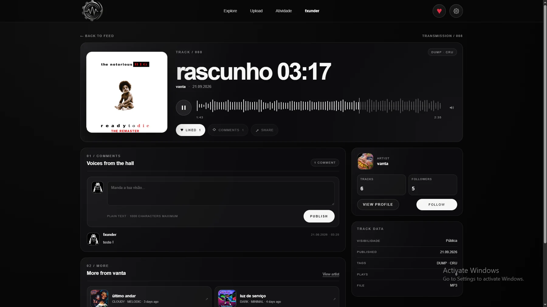 Página de track com comentários e informação do artista