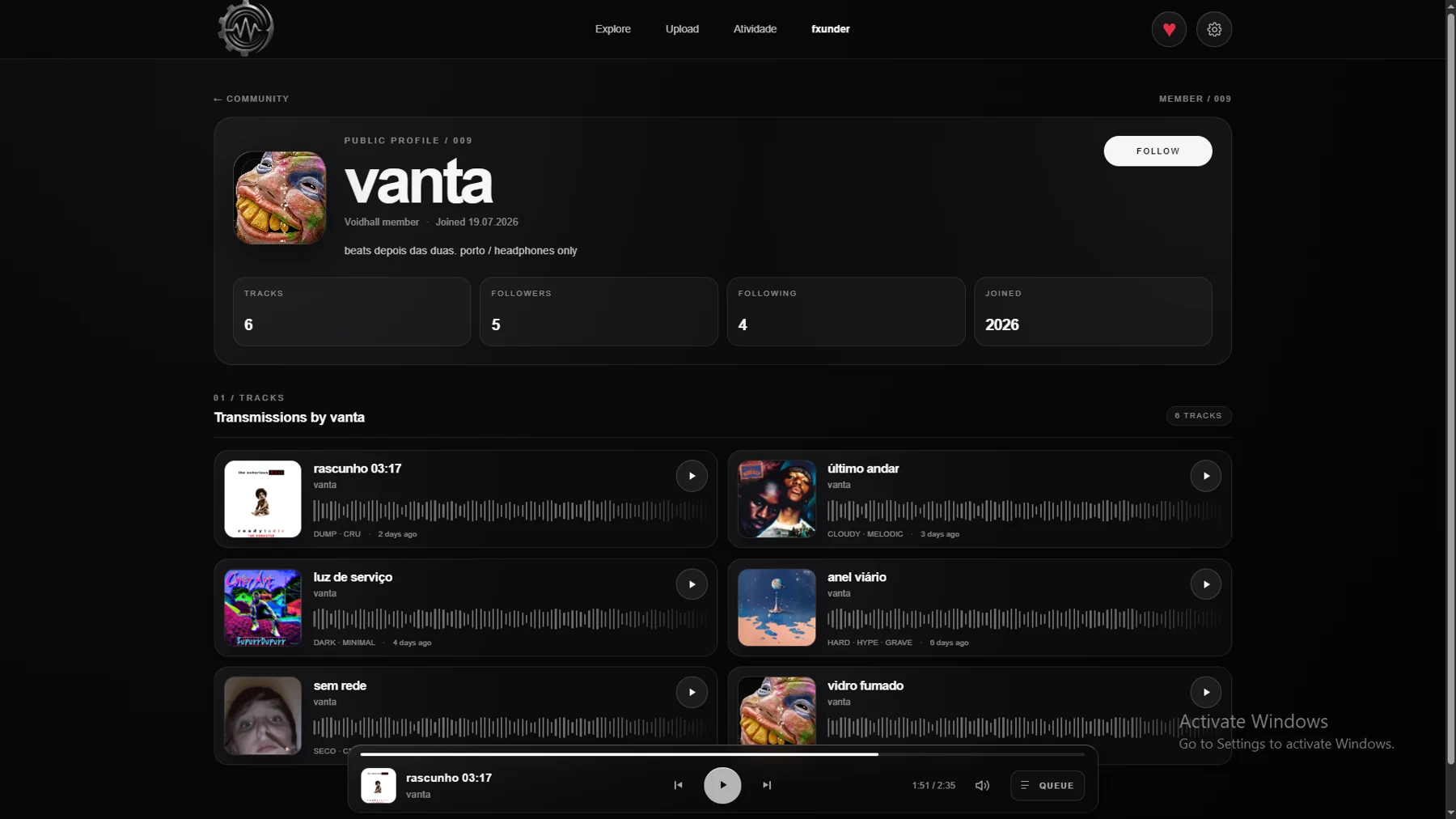 Perfil de artista com tracks e relações sociais