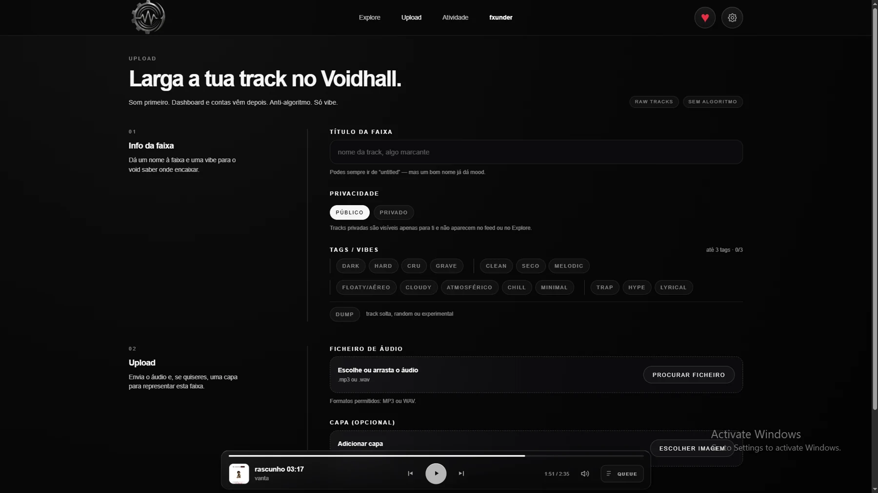 Formulário de upload do Voidhall com metadata e privacidade